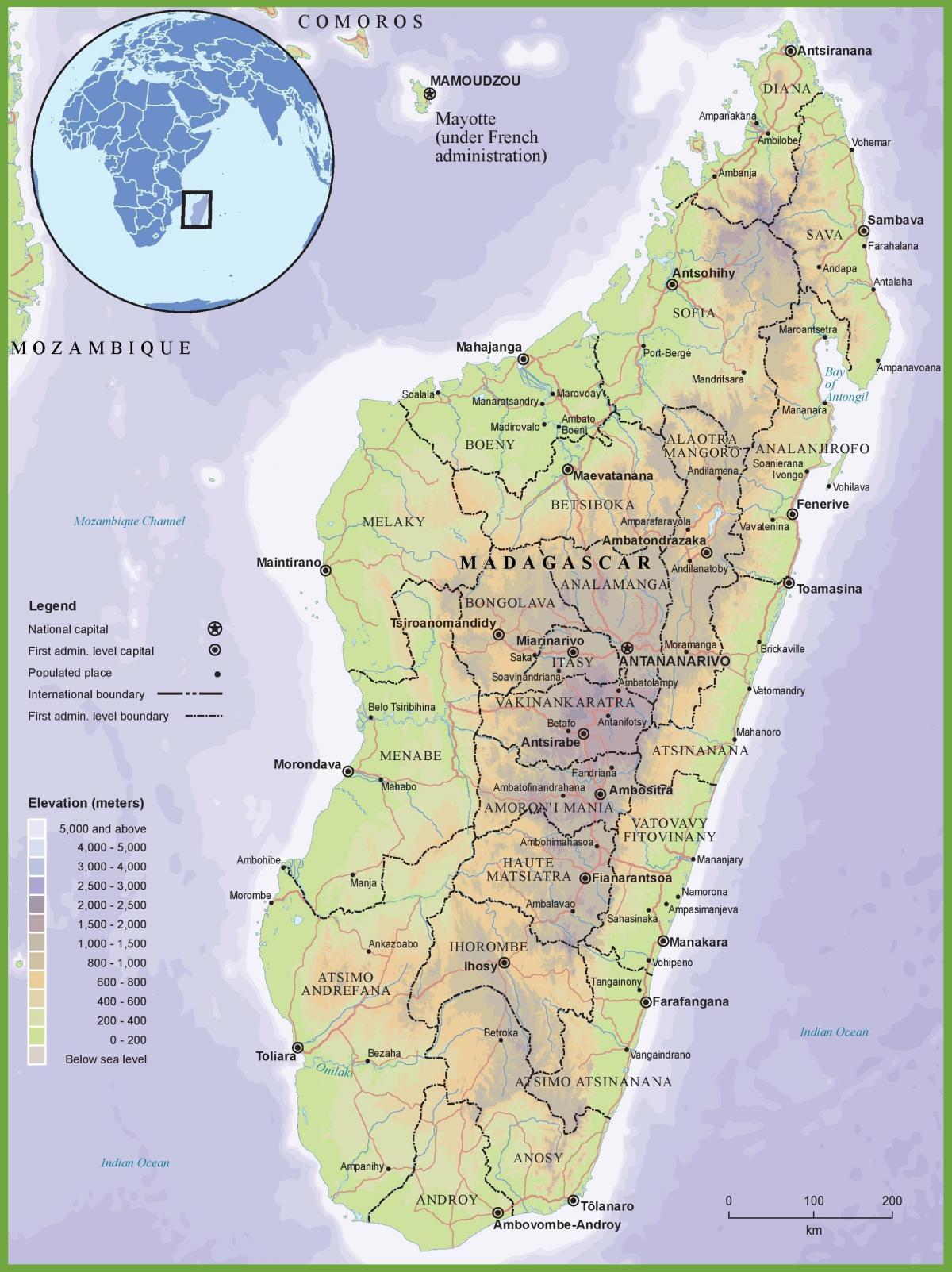 zemljevid fizični zemljevid Madagaskar